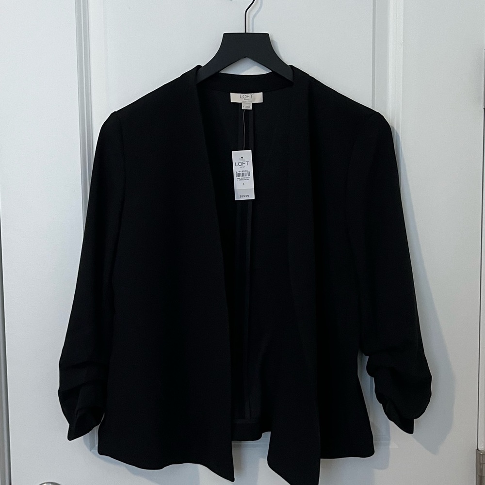 Loft black ruched sleeve collarless blazer size S